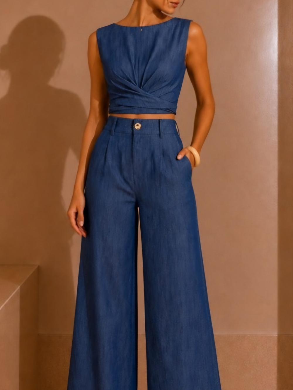 COMMENSE Sleeveless Twist Crop Top & Wide-Leg Pants Set - Blue